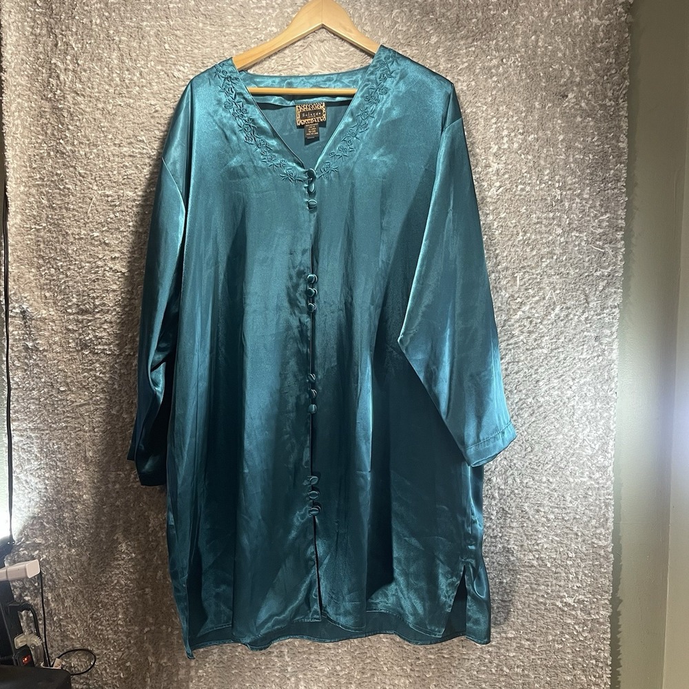 Solange Satin Sleep Gown Women's Jade Green Embroidered Button Preppy 18, 20